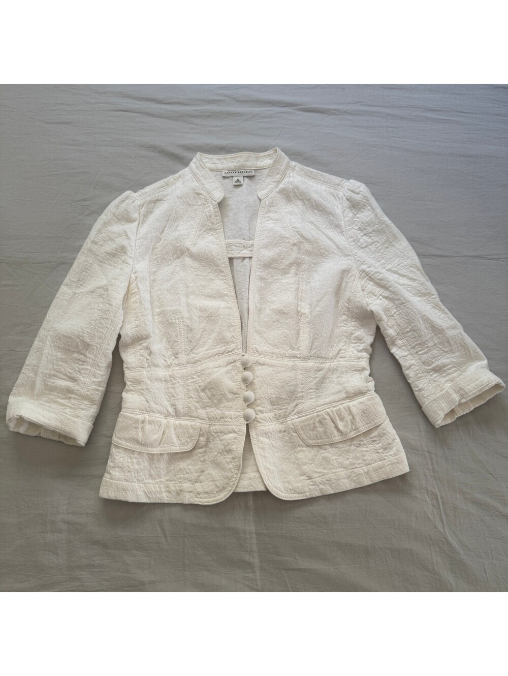 Banana Republic White Cotton Jacquard Blazer Jacket Peplum Ruffle Top 10 Vtg 05
